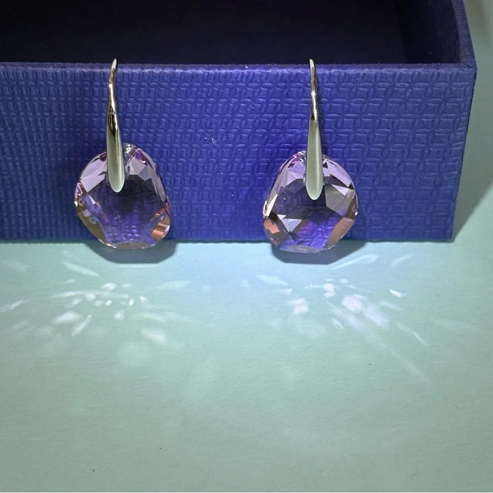 Authentic Swarovski Galet Cut Soft Purple Rhodium Plated Fish Hook Drop Earrings - Picture 2 of 15